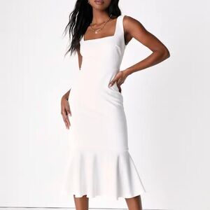 White Square Neck Midi Trumpet Dress